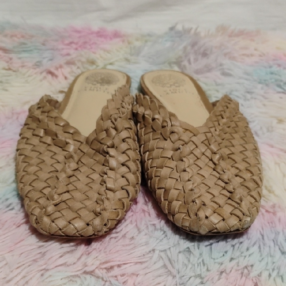 SALE! Vince Camuto Loralee Tan Woven Leather Mules - Picture 4 of 12